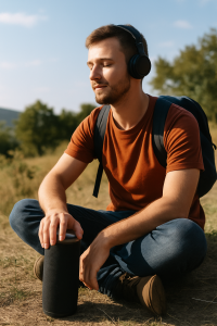 Persona disfrutando de un altavoz al aire libre